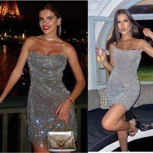 Zara gray silver rhinestone mesh appliqué strapless corset mini dress Sz M NWT